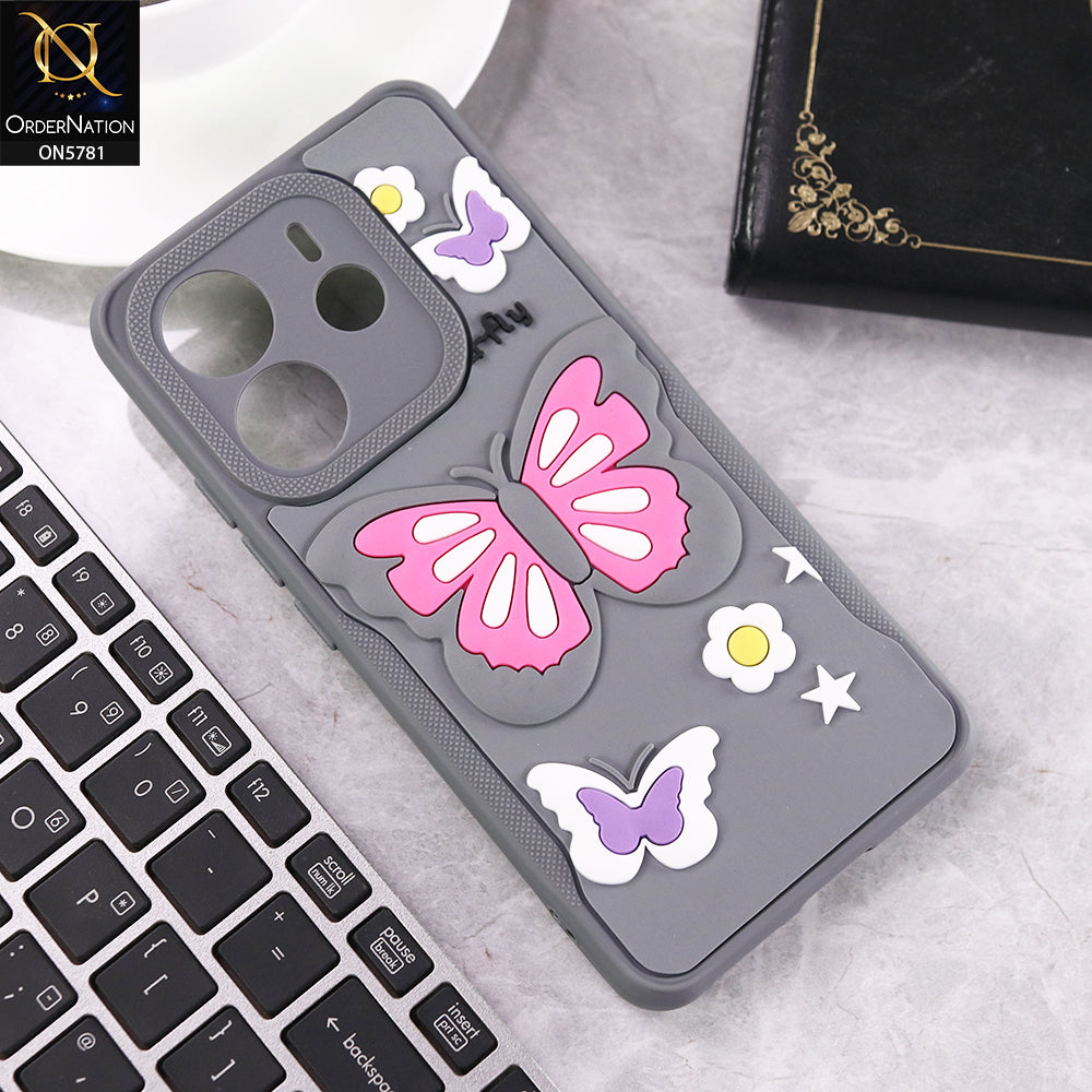 Xiaomi Redmi Note 14 4G Cover - Gray - 3D Butterfly Soft Case With Camera Protection Case