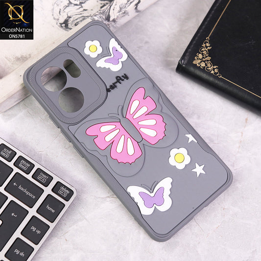 Oppo Reno 13F 4G Cover - Gray - 3D Butterfly Soft Case With Camera Protection Case