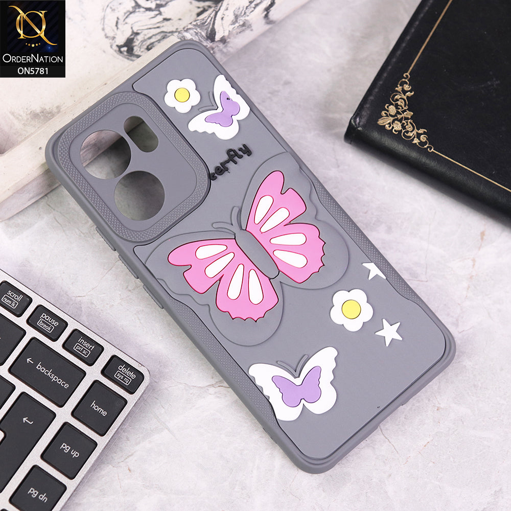 Oppo Reno 13F 5G Cover - Gray - 3D Butterfly Soft Case With Camera Protection Case