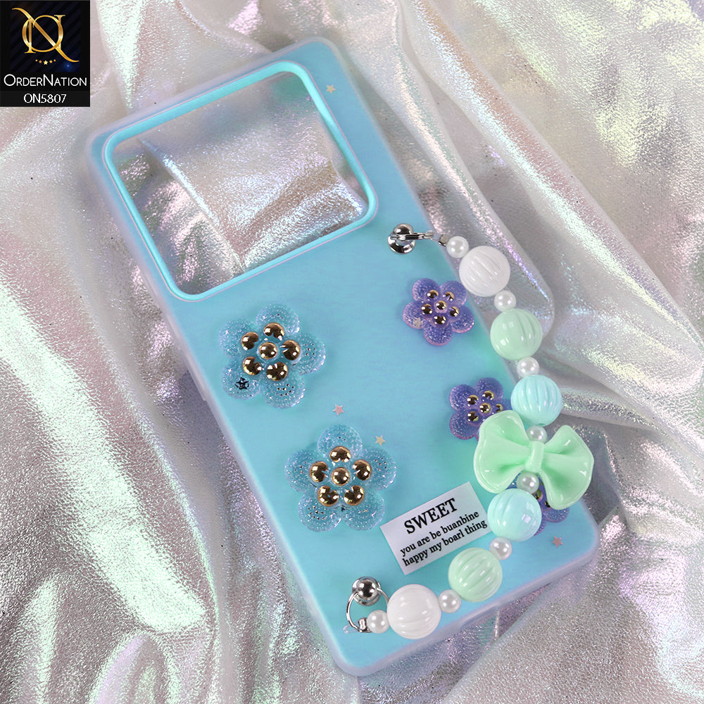 Infinix Note 40 Pro Plus Cover - Blue - New Trendy Floral Bow Decor Beaded Hand Strap