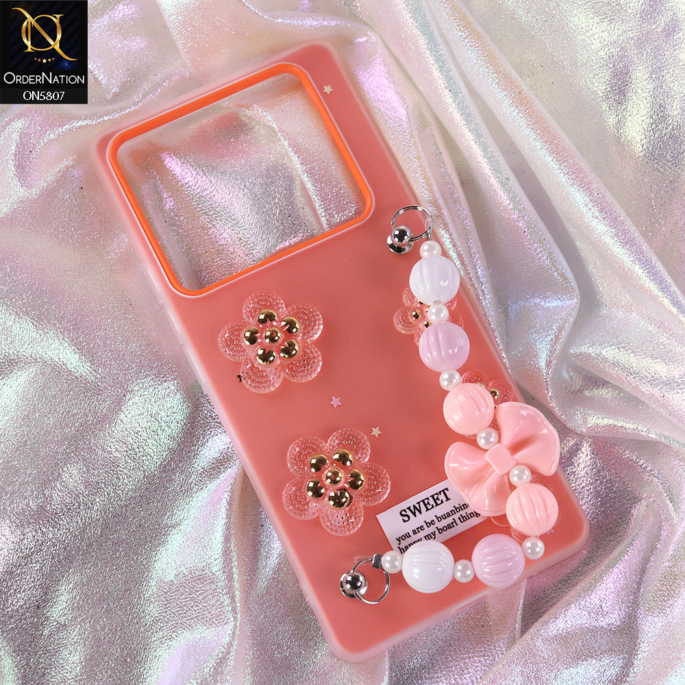 InInfinix Note 40 Pro Cover - Orange - New Trendy Floral Bow Decor Beaded Hand Strap
