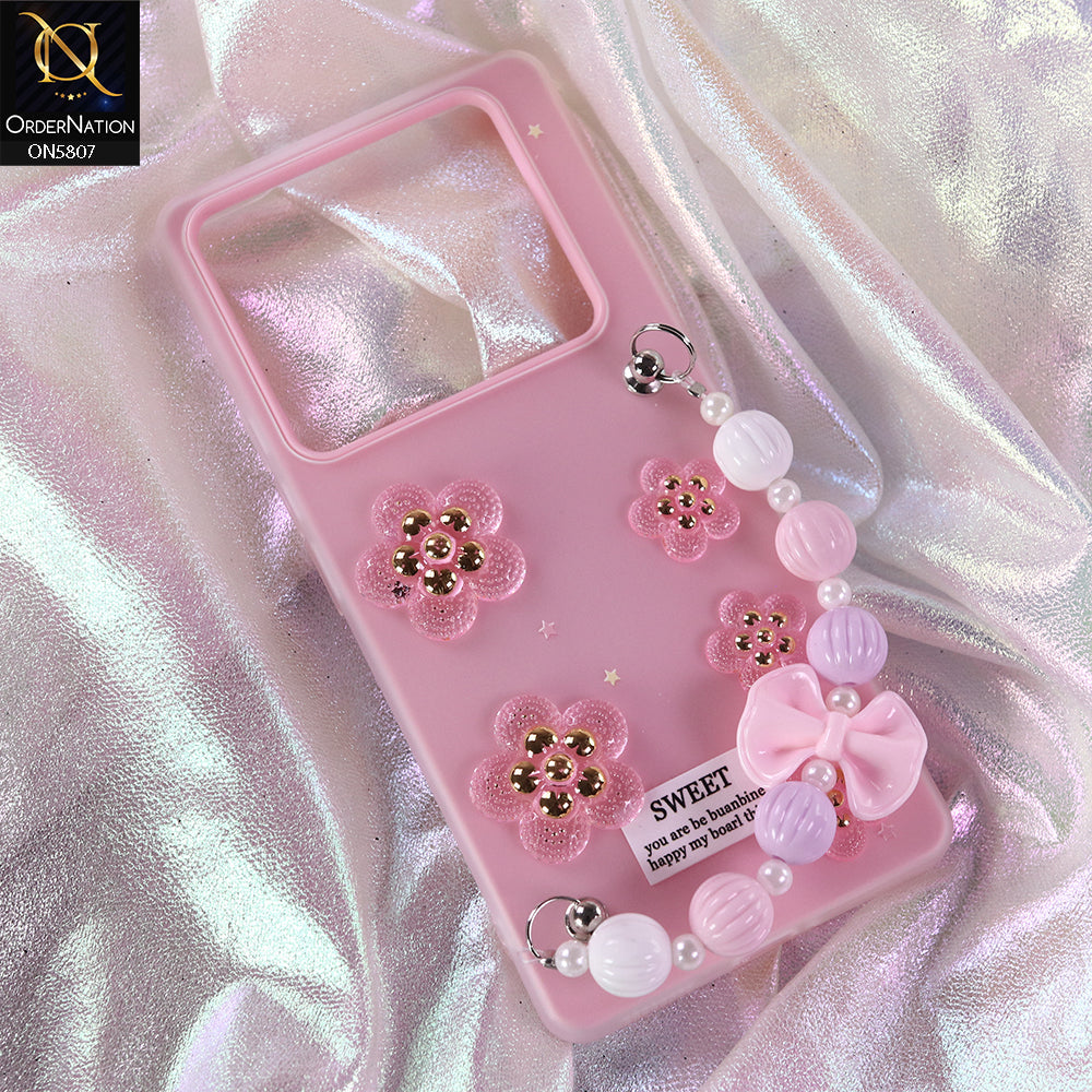InInfinix Note 40 Pro Cover - Pink - New Trendy Floral Bow Decor Beaded Hand Strap