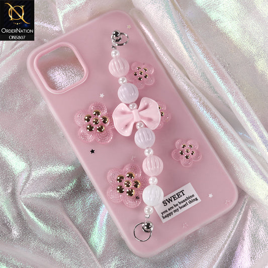 iPhone 11 Pro Max Cover - Pink - New Trendy Floral Bow Decor Beaded Hand Strap