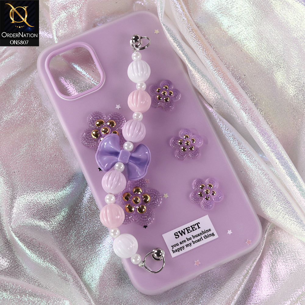 iPhone 11 Pro Max Cover - Purple - New Trendy Floral Bow Decor Beaded Hand Strap