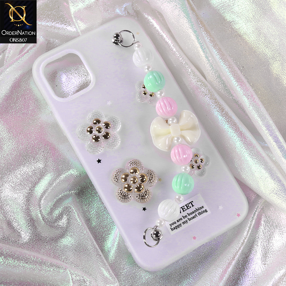 iPhone 11 Pro Max Cover - White - New Trendy Floral Bow Decor Beaded Hand Strap