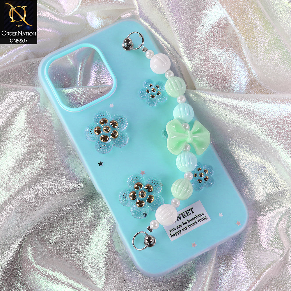 iPhone 13 Pro Cover - Blue - New Trendy Floral Bow Decor Beaded Hand Strap