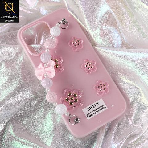 iPhone 13 Cover - Pink - New Trendy Floral Bow Decor Beaded Hand Strap