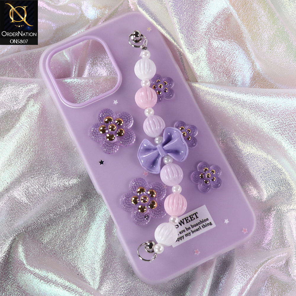 iPhone 13 Pro Cover - Purple - New Trendy Floral Bow Decor Beaded Hand Strap