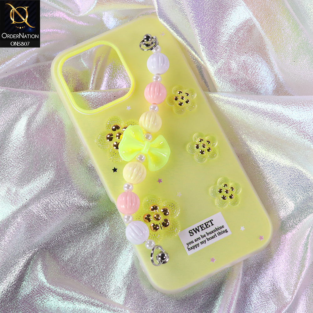 iPhone 13 Cover - Yellow - New Trendy Floral Bow Decor Beaded Hand Strap