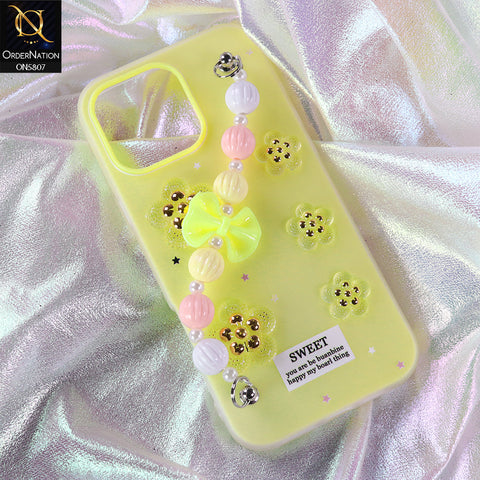 iPhone 14 Pro Max Cover - Yellow - New Trendy Floral Bow Decor Beaded Hand Strap