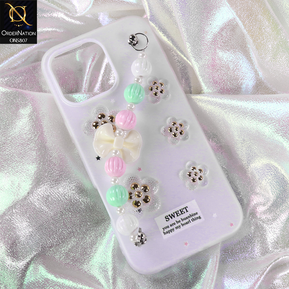 iPhone 15 Pro Max Cover - White - New Trendy Floral Bow Decor Beaded Hand Strap