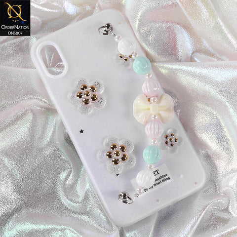 iPhone XS / X Cover - White - New Trendy Floral Bow Decor Beaded Hand Strap
