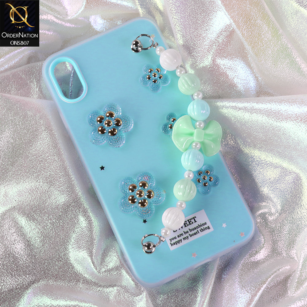 iPhone XS Max Cover - Blue - New Trendy Floral Bow Decor Beaded Hand Strap