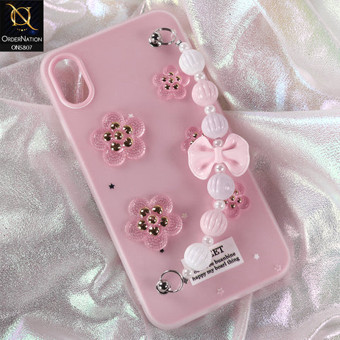 iPhone XS Max Cover - Pink - New Trendy Floral Bow Decor Beaded Hand Strap