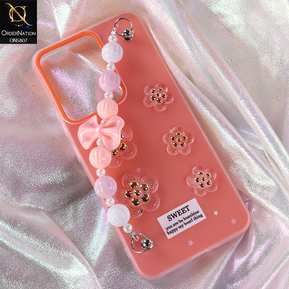 Realme 14 Cover - Orange - New Trendy Floral Bow Decor Beaded Hand Strap