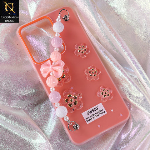 Realme 14 Cover - Orange - New Trendy Floral Bow Decor Beaded Hand Strap