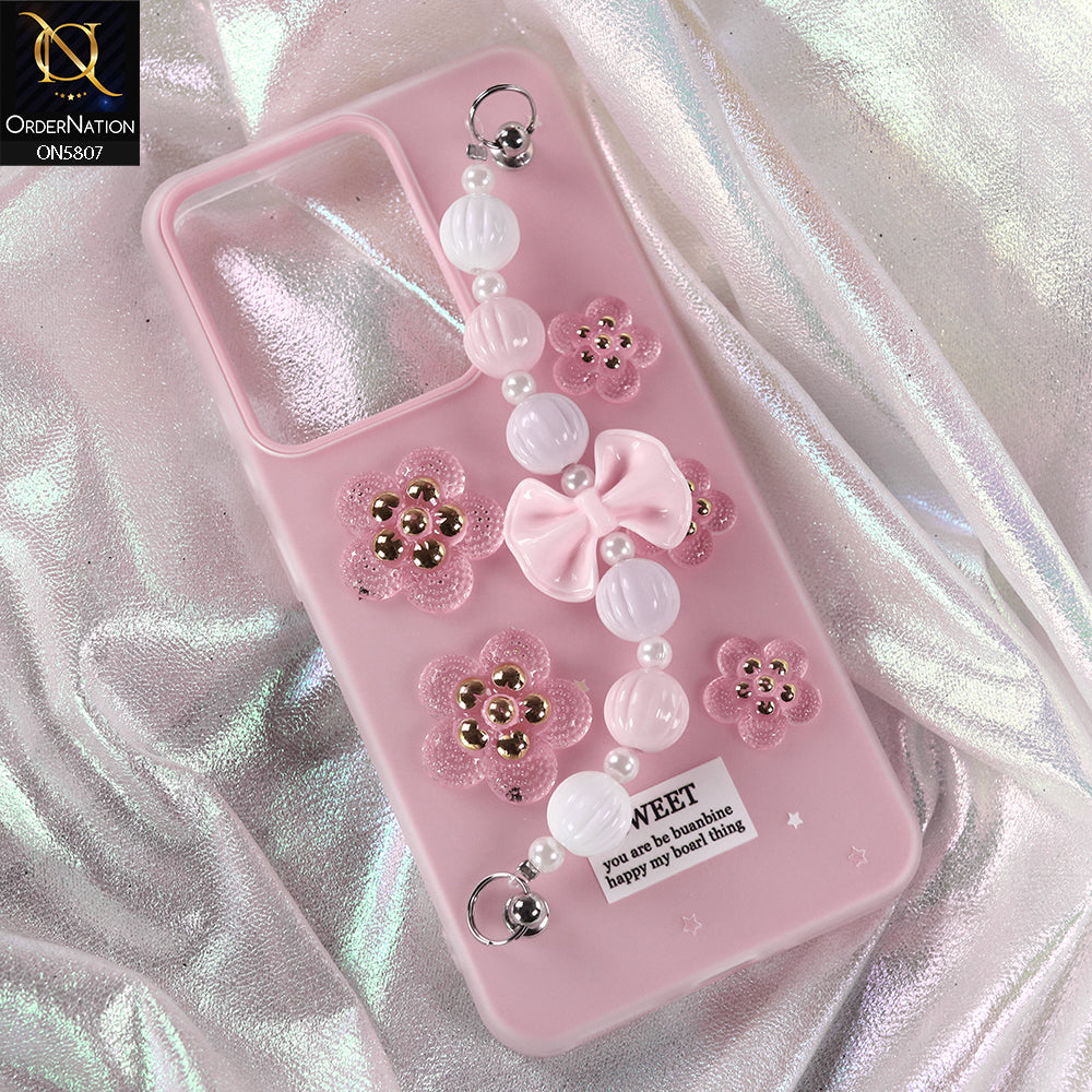 Realme 14 Cover - Pink - New Trendy Floral Bow Decor Beaded Hand Strap
