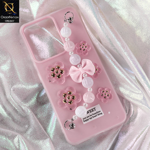 Realme 14 Cover - Pink - New Trendy Floral Bow Decor Beaded Hand Strap