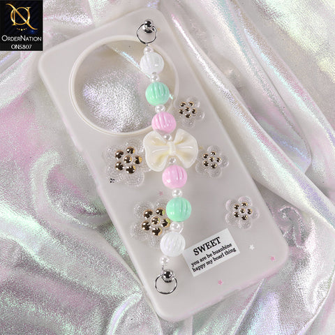 Xiaomi Redmi 14C Cover - White - New Trendy Floral Bow Decor Beaded Hand Strap
