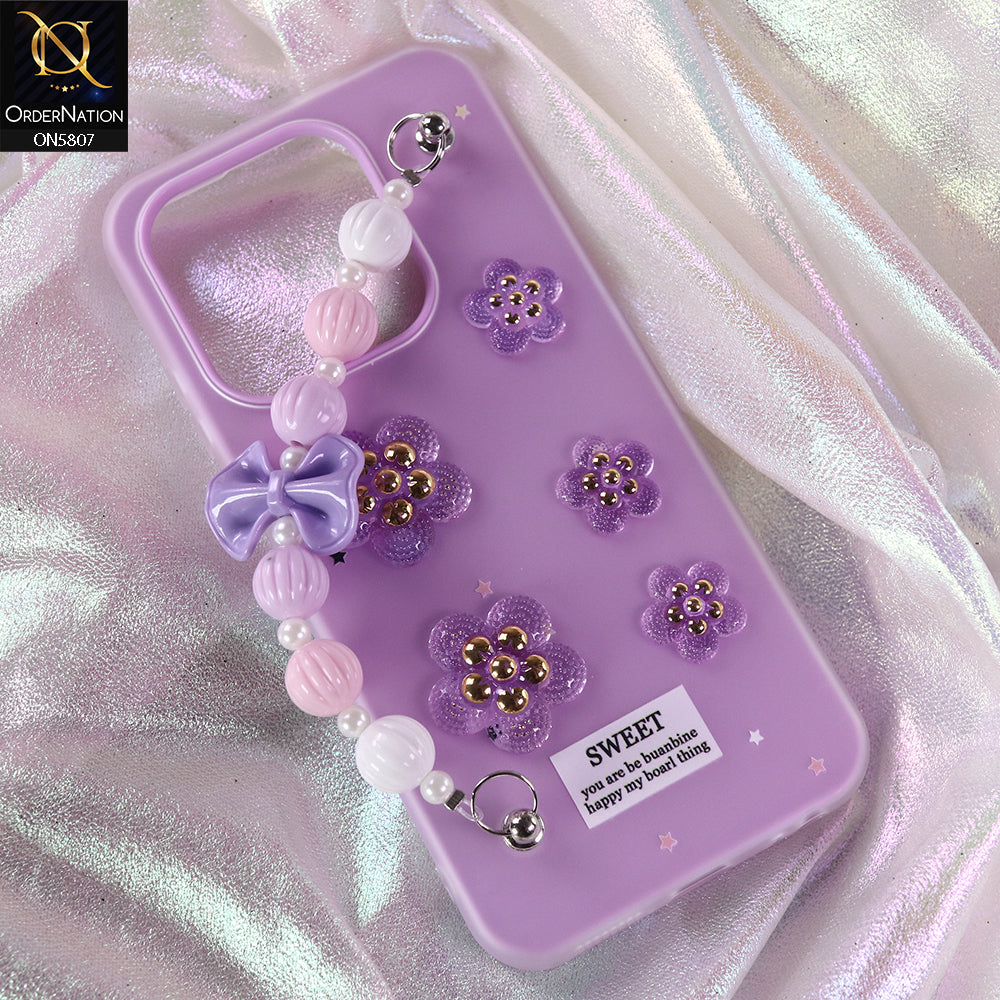 Xiaomi Redmi 15C 4G Cover - Purple - New Trendy Floral Bow Decor Beaded Hand Strap