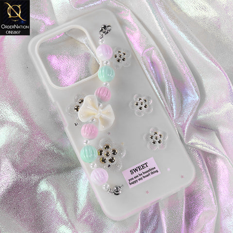Xiaomi Redmi 15C 4G Cover - White - New Trendy Floral Bow Decor Beaded Hand Strap
