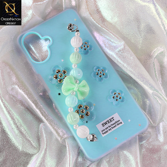 Samsung Galaxy M07 Cover - Blue - New Trendy Floral Bow Decor Beaded Hand Strap
