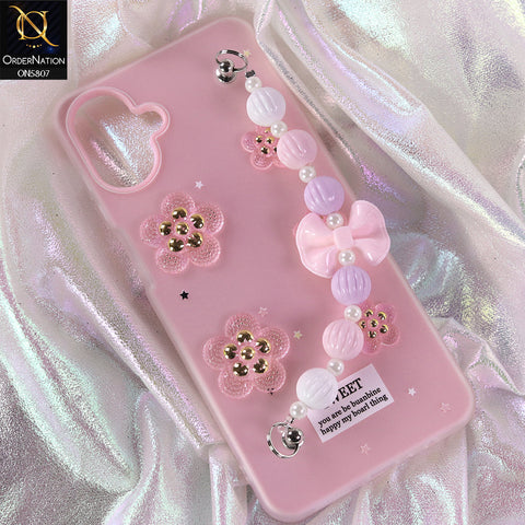 Samsung Galaxy M07 Cover - Pink - New Trendy Floral Bow Decor Beaded Hand Strap