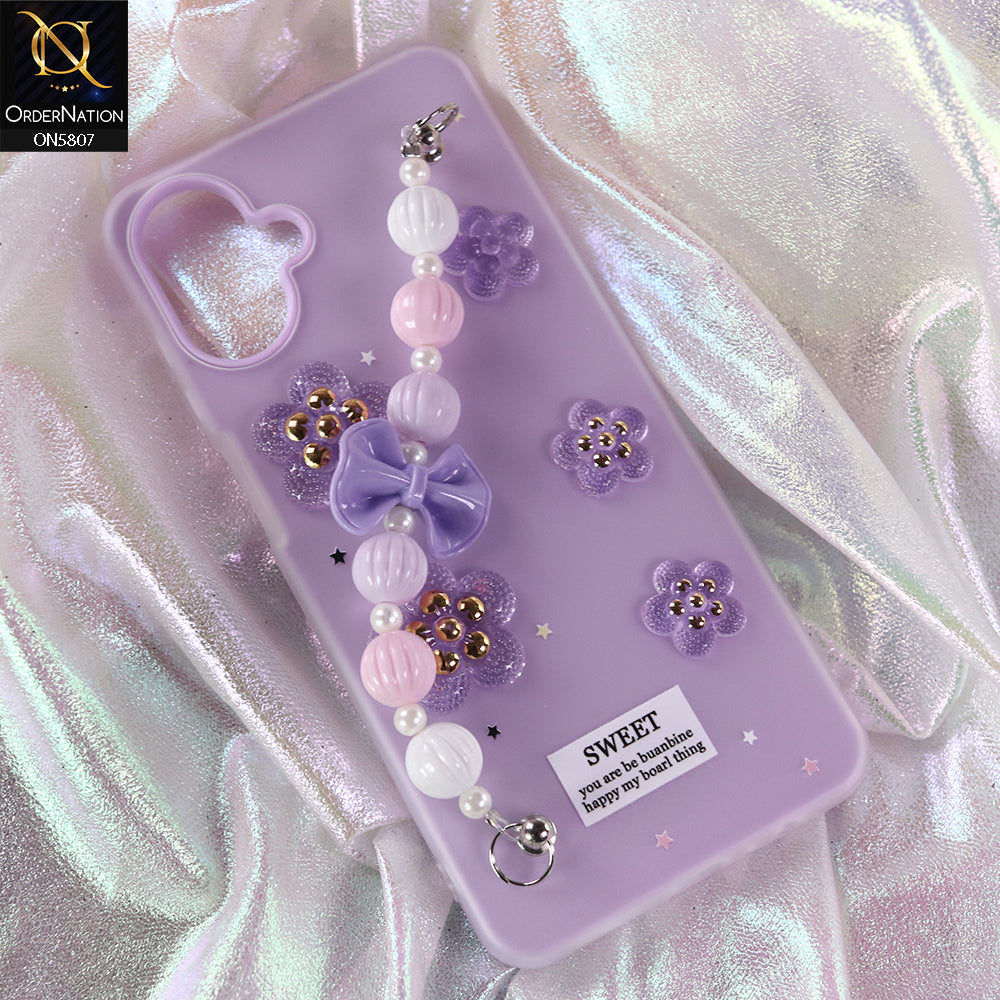 Samsung Galaxy M07 Cover - Purple - New Trendy Floral Bow Decor Beaded Hand Strap