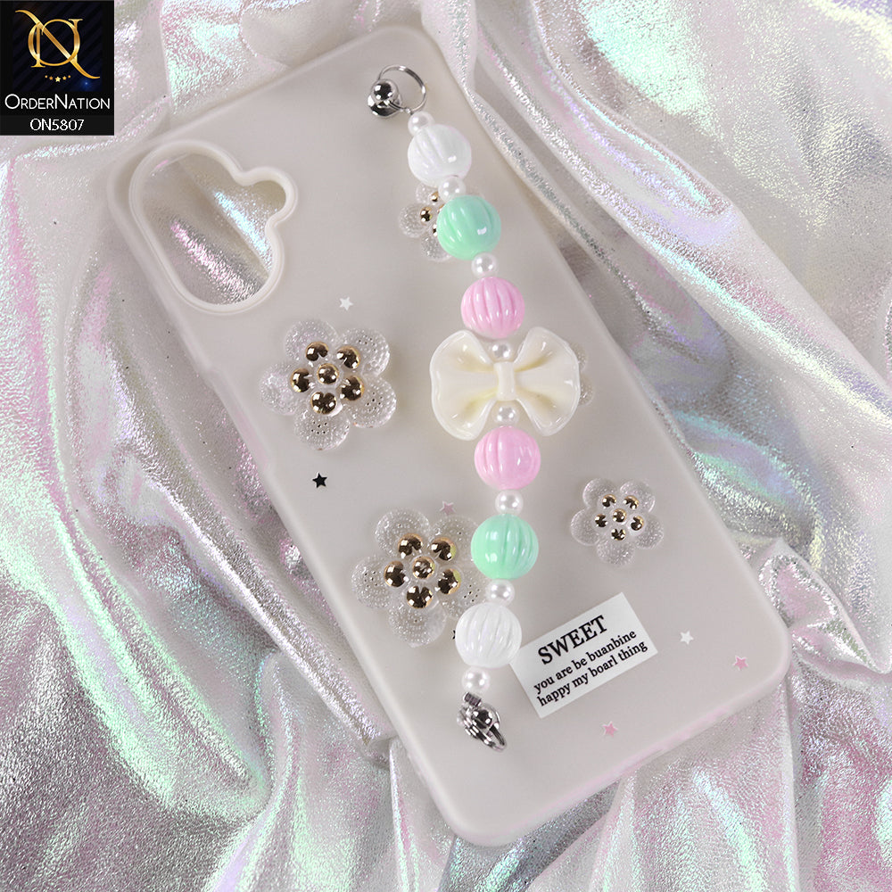 Samsung Galaxy M07 Cover - White - New Trendy Floral Bow Decor Beaded Hand Strap