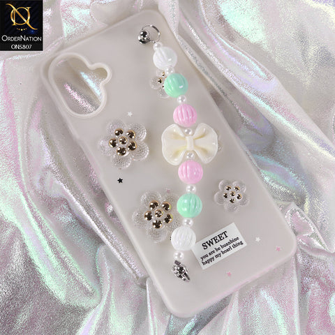 Samsung Galaxy M07 Cover - White - New Trendy Floral Bow Decor Beaded Hand Strap