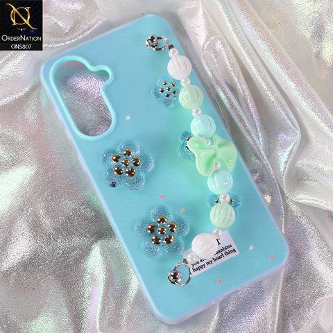 Samsung Galaxy M17 Cover - Blue - New Trendy Floral Bow Decor Beaded Hand Strap