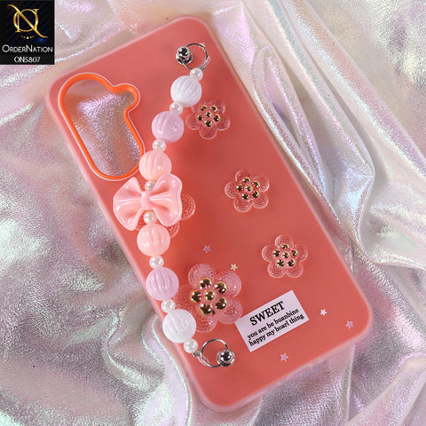 Samsung Galaxy A26 Cover - Orange - New Trendy Floral Bow Decor Beaded Hand Strap