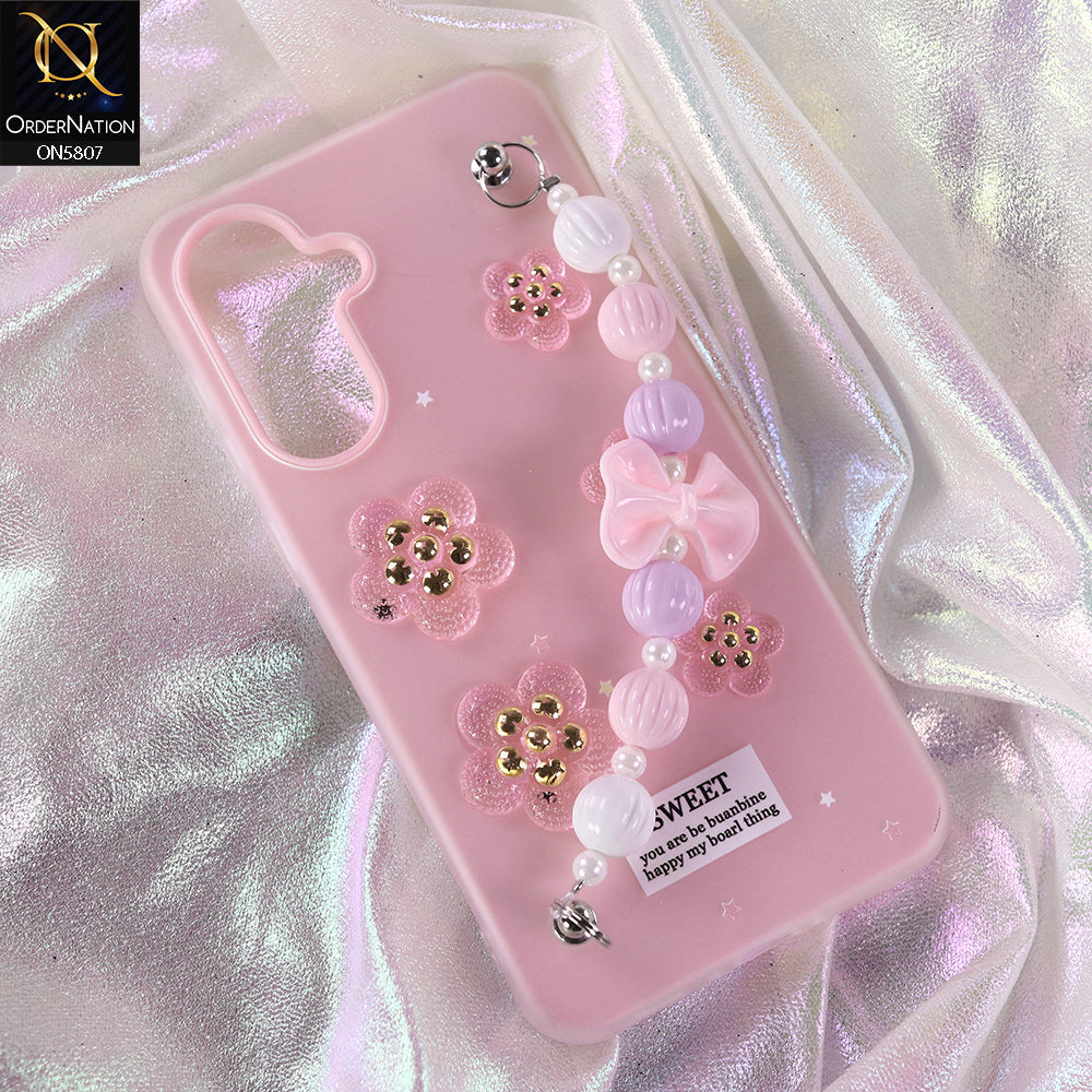 Samsung Galaxy M17 Cover - Pink - New Trendy Floral Bow Decor Beaded Hand Strap