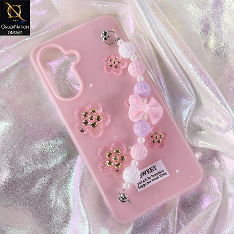Samsung Galaxy M17 Cover - Pink - New Trendy Floral Bow Decor Beaded Hand Strap