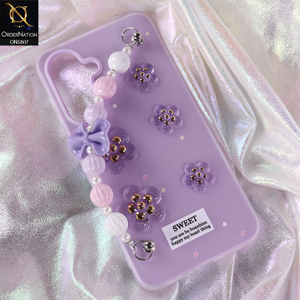 Samsung Galaxy M17 Cover - Purple - New Trendy Floral Bow Decor Beaded Hand Strap