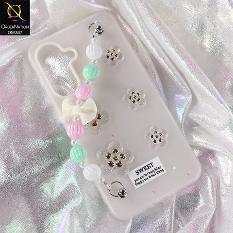 Samsung Galaxy M17 Cover - White - New Trendy Floral Bow Decor Beaded Hand Strap