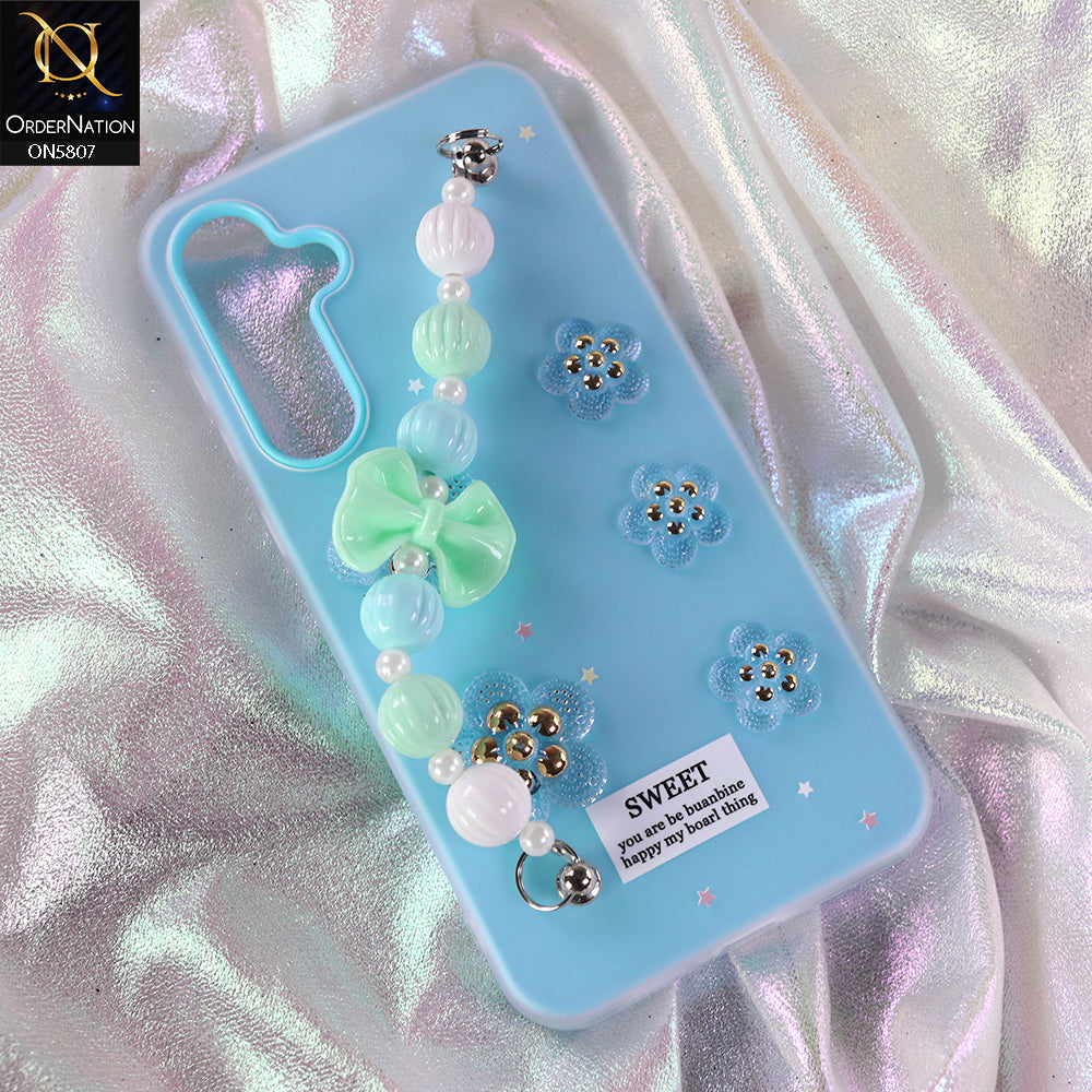 Samsung Galaxy A55 Cover - Blue - New Trendy Floral Bow Decor Beaded Hand Strap