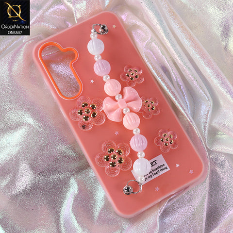 Samsung Galaxy A35 Cover - Orange - New Trendy Floral Bow Decor Beaded Hand Strap