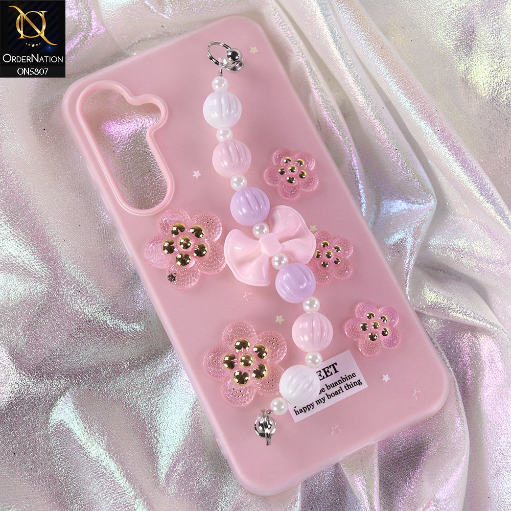 Samsung Galaxy A35 Cover - Pink - New Trendy Floral Bow Decor Beaded Hand Strap