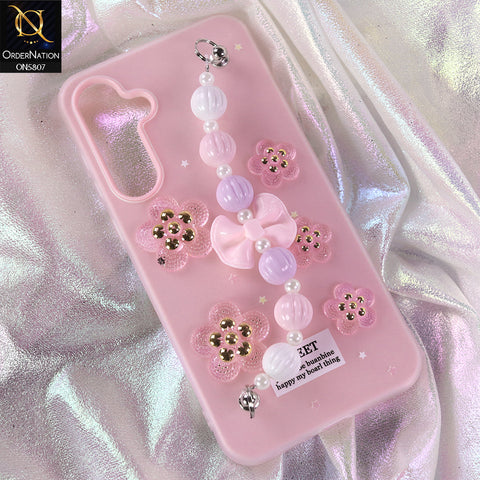 Samsung Galaxy A35 Cover - Pink - New Trendy Floral Bow Decor Beaded Hand Strap
