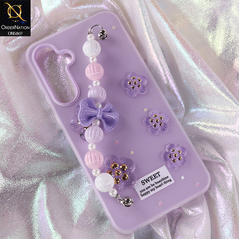 Samsung Galaxy A35 Cover - Purple - New Trendy Floral Bow Decor Beaded Hand Strap