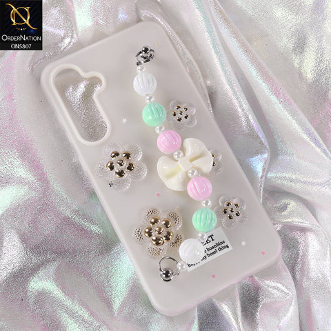 Samsung Galaxy A35 Cover - White - New Trendy Floral Bow Decor Beaded Hand Strap