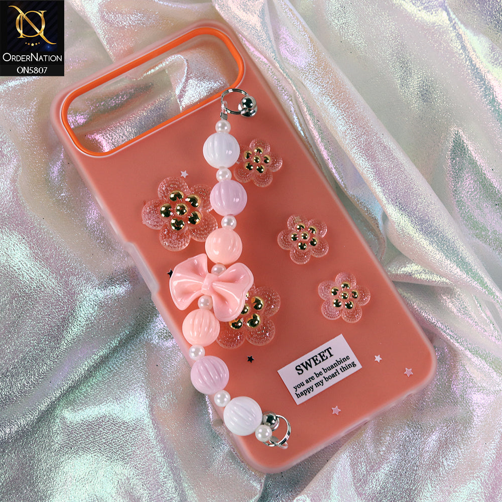 Infinix Smart 10 Plus Cover - Orange - New Trendy Floral Bow Decor Beaded Hand Strap