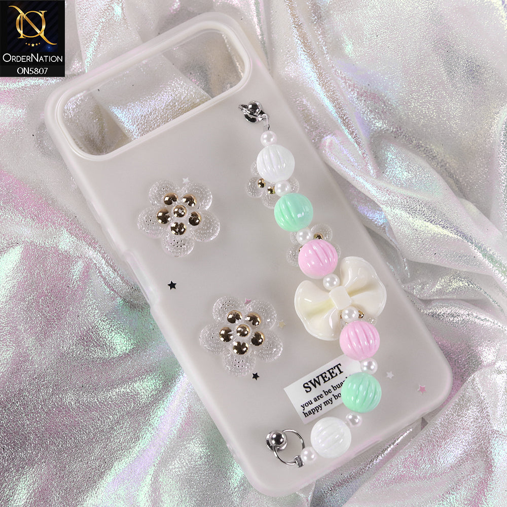 Infinix Smart 10 Plus Cover - White - New Trendy Floral Bow Decor Beaded Hand Strap