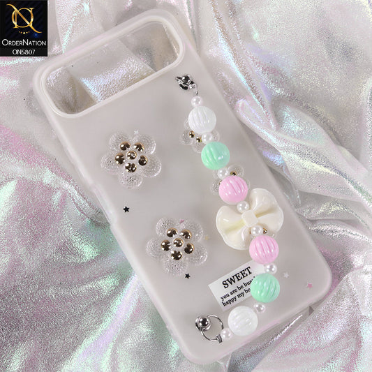 Infinix Smart 10 Plus Cover - White - New Trendy Floral Bow Decor Beaded Hand Strap