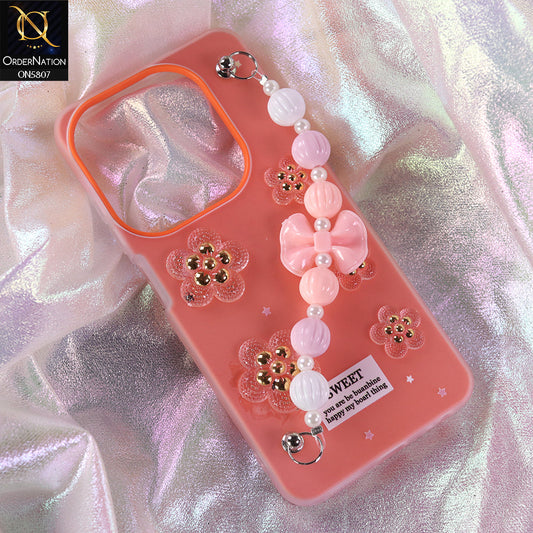 Tecno Spark 20 Cover - Orange - New Trendy Floral Bow Decor Beaded Hand Strap