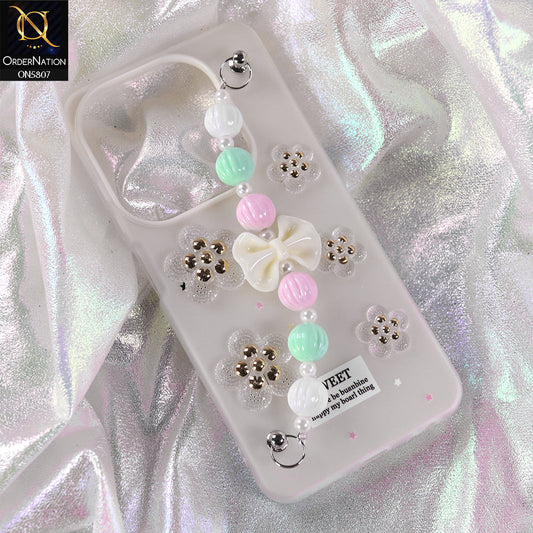 Infinix Smart 8 Cover - White - New Trendy Floral Bow Decor Beaded Hand Strap