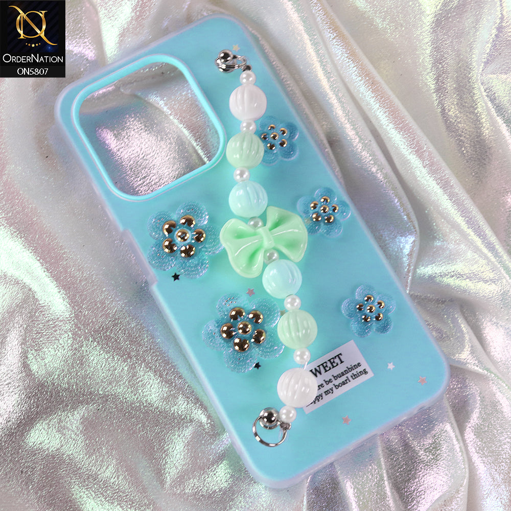 Infinix Hot 50i Cover - Blue - New Trendy Floral Bow Decor Beaded Hand Strap