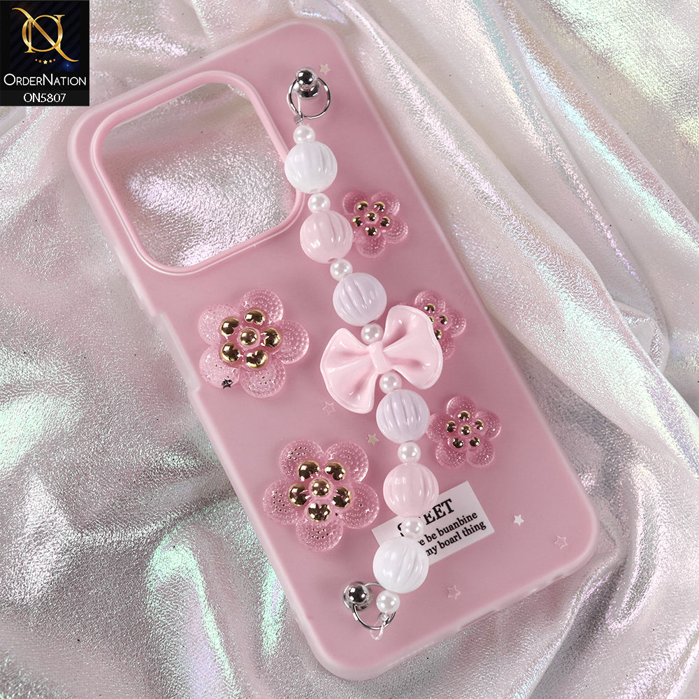 Infinix Smart 9 HD Cover - Pink - New Trendy Floral Bow Decor Beaded Hand Strap
