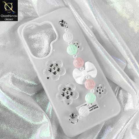 Vivo V60 Cover - White - New Trendy Floral Bow Decor Beaded Hand Strap